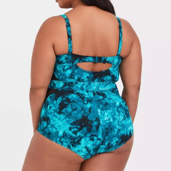 Torrid Swimsuit One 1 Piece Suit Tie Dye Mesh Insert Teal Black New Plus Size 4X - Picture 2 of 10